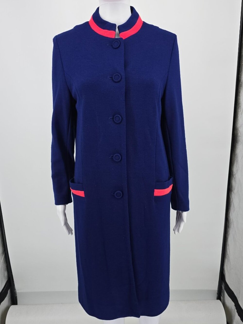 Vintage 1960s Joyce Navy Blue/Pink Knee Length Stand Collar Mod Coat (S)